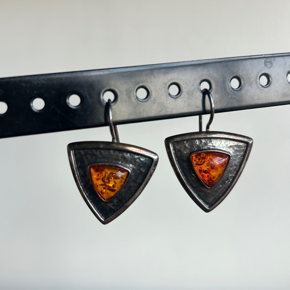 Sterling Silver Artisan Earrings | Amber Stone Triangle | Hammered Metal